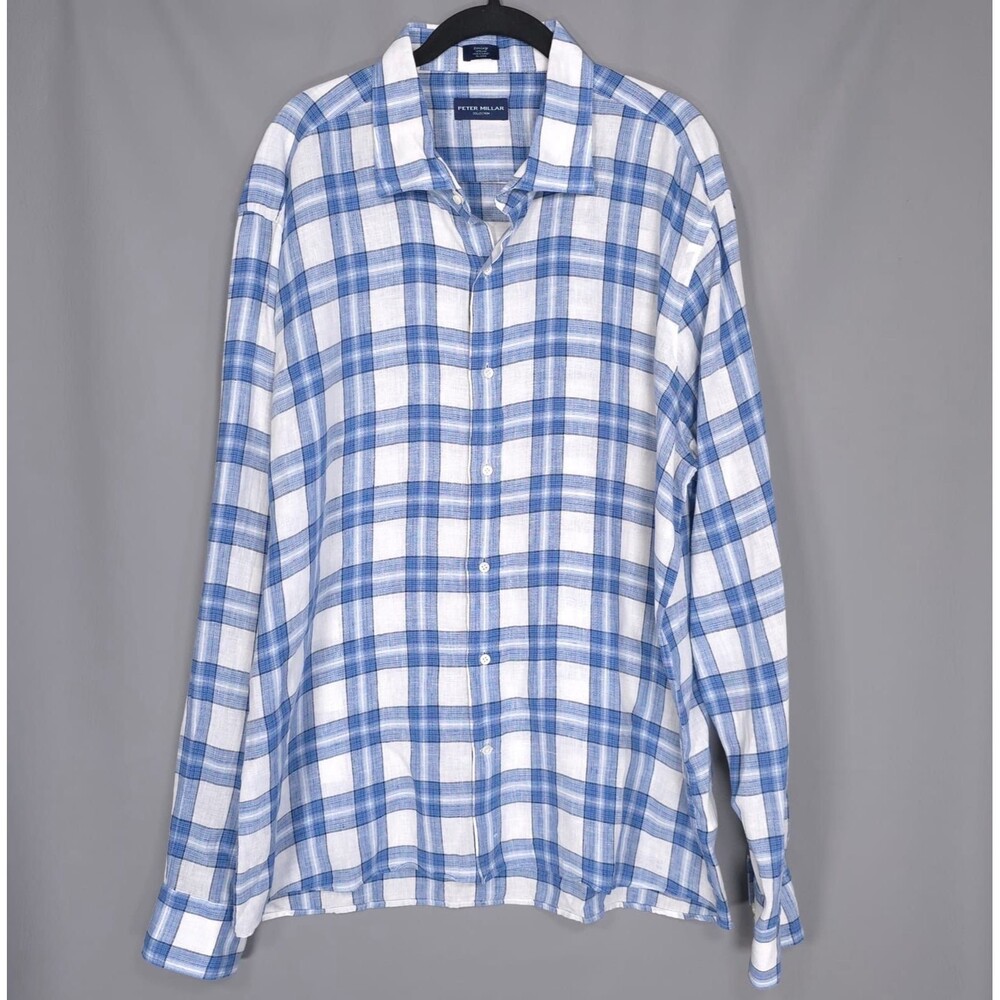PETER MILLAR COLLECTION Shirt Size XL 100% LINEN Blue Check Plaid Long Sleeve